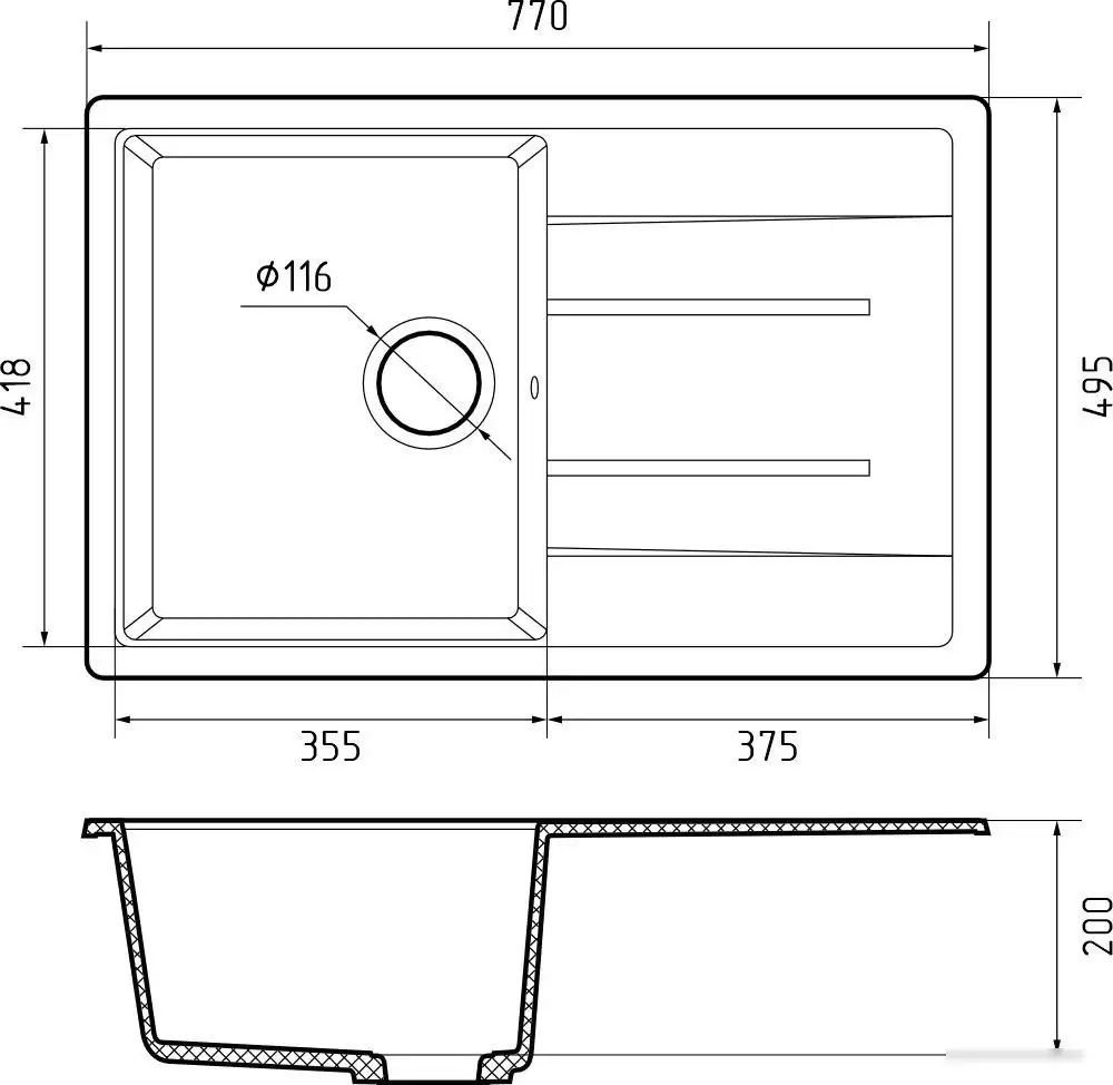 Кухонная мойка GranFest Quadro 780L (черный) - фото товара