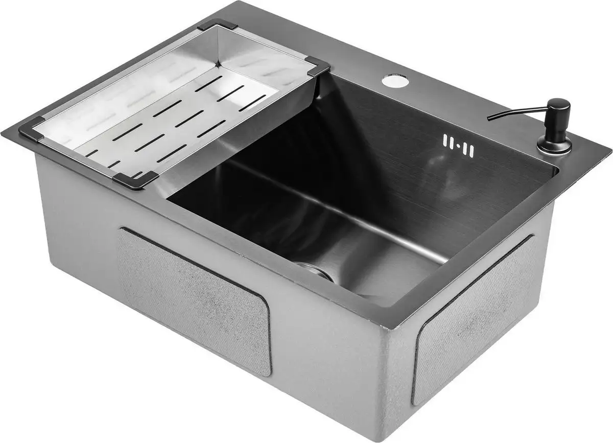 Кухонная мойка Saniteco 6045 Nano + Spike F9S07011 (сатин, с сифоном, дозатором и коландером) - фото товара