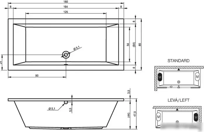 Ванна Riho Lusso 180x80 BA98005 (с ножками и экраном) - фото товара