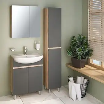 Runo Тумба с умывальником Runo Лада 60 + Уют 60 (напольная, дуб/графит) – изображение в каталоге