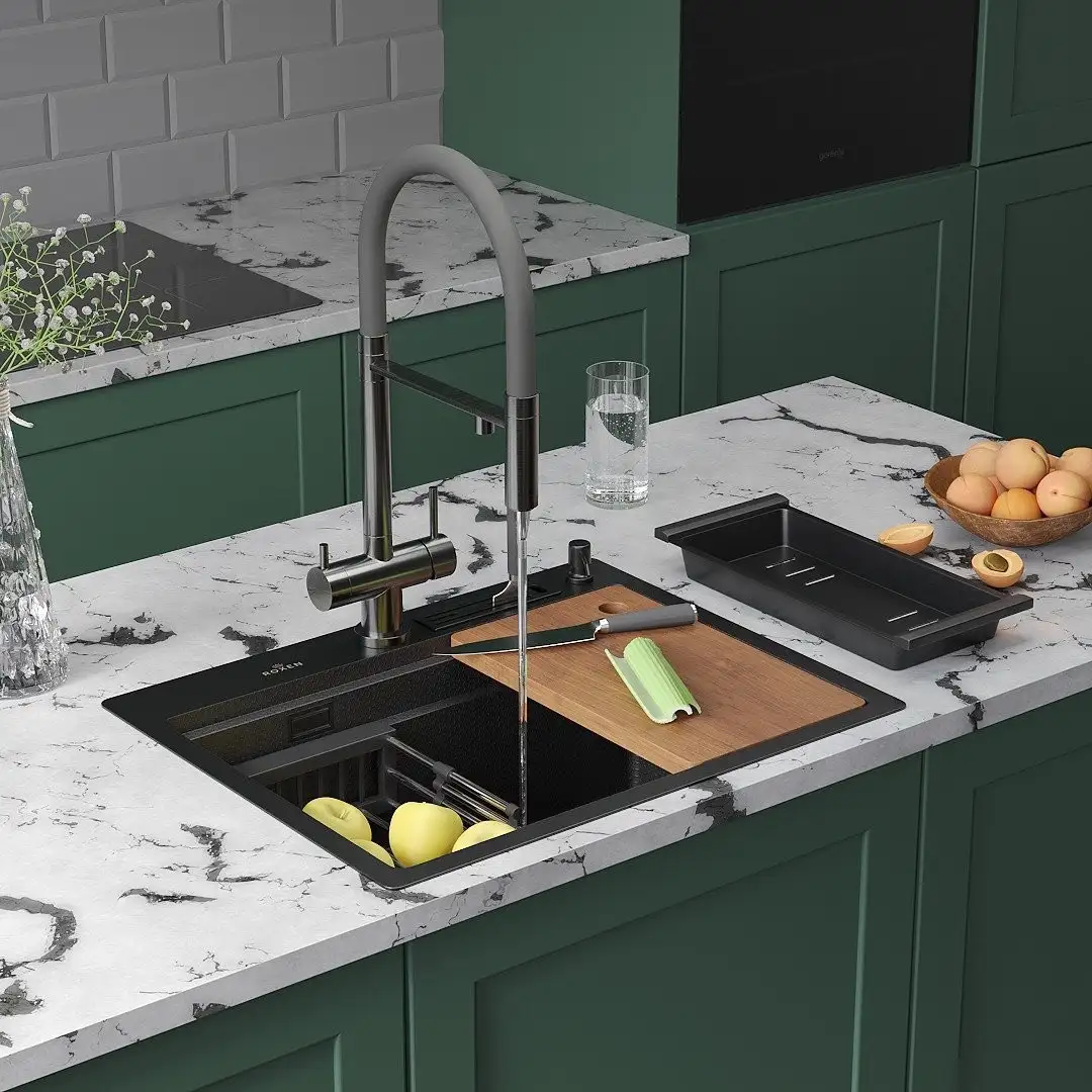 Кухонная мойка Roxen Stage 560250-60-BS оружейная сталь (с держателем для ножей и аксессуарами) - фото товара