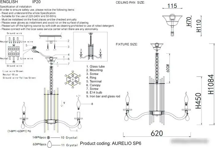 Подвесная люстра Crystal Lux AURELIO SP6 GOLD+CHROME – фото товара