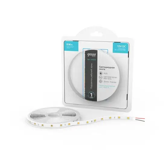 Светодиодная лента Gauss Basic LED 5050/60 12V 8W/m 900lm/m 4000K 10mm IP20 3m 1/100 BT023 – фото товара