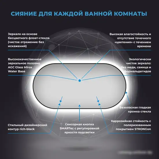 Wellsee Зеркало с фоновой LED-подсветкой 7 Rays' Spectrum 172201550, 100 х 55 см (с сенсором и регулировкой яркости освещения) – фото товара