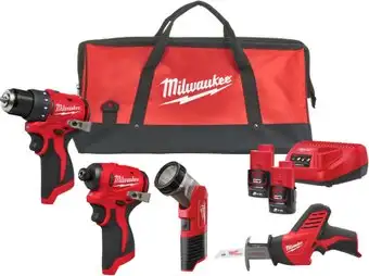 Milwaukee M12 BLPP4A-202B 4933499693 (шуруповерт, винтоверт, фонарь, сабельная, 2 АКБ, сумка) – изображение в каталоге