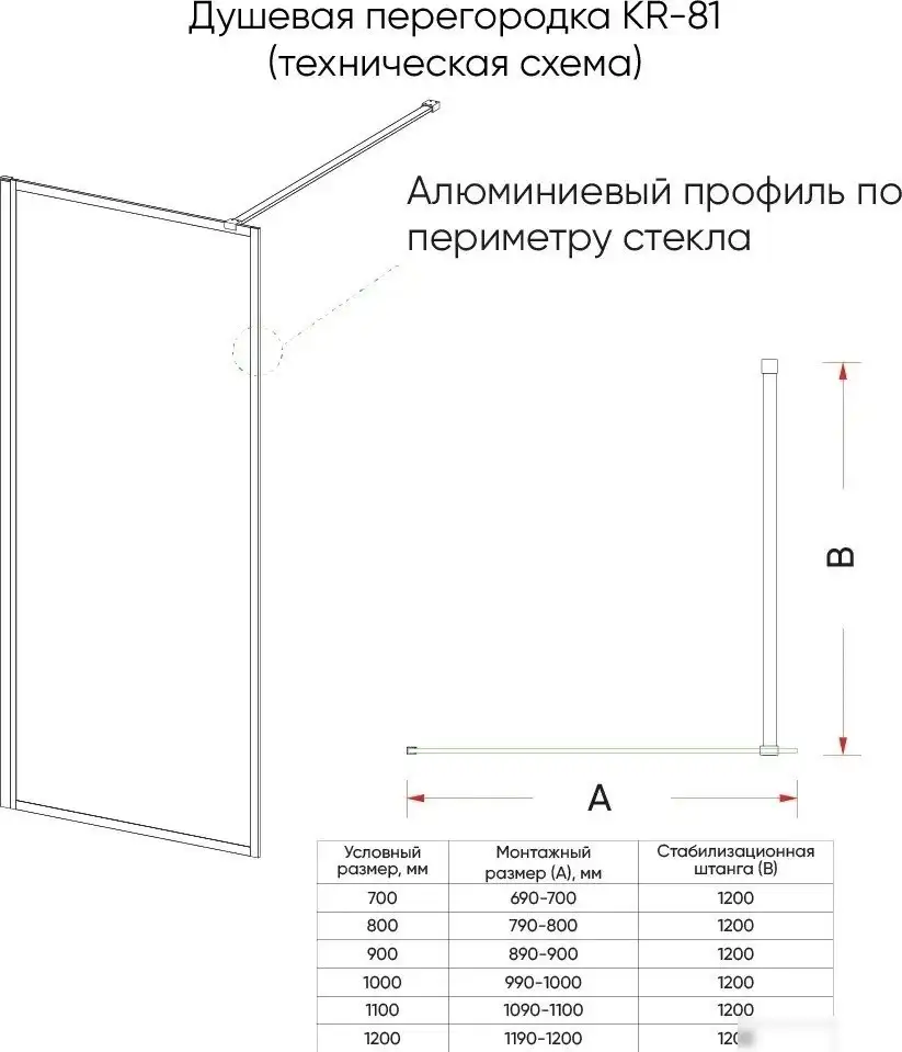 Душевая стенка Veconi 100x200 KR81B-100-01-C8 (стекло прозрачное/черный) - фото товара