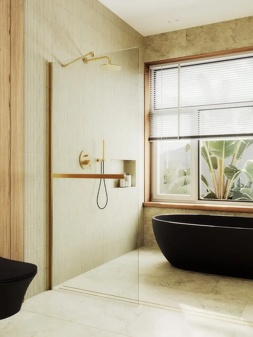 Душевая стенка MaybahGlass 69x195 MGD-701-3ш (прозрачное стекло/золотой) - фото товара