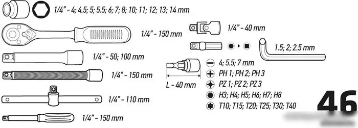 Набор трещотка с головками и битами TOPEX 38D640 (46 предметов) – фото товара
