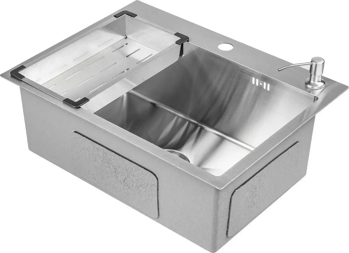 Кухонная мойка Saniteco 6045 + Spike F9S07011 (сатин, с сифоном, дозатором и коландером) - фото товара