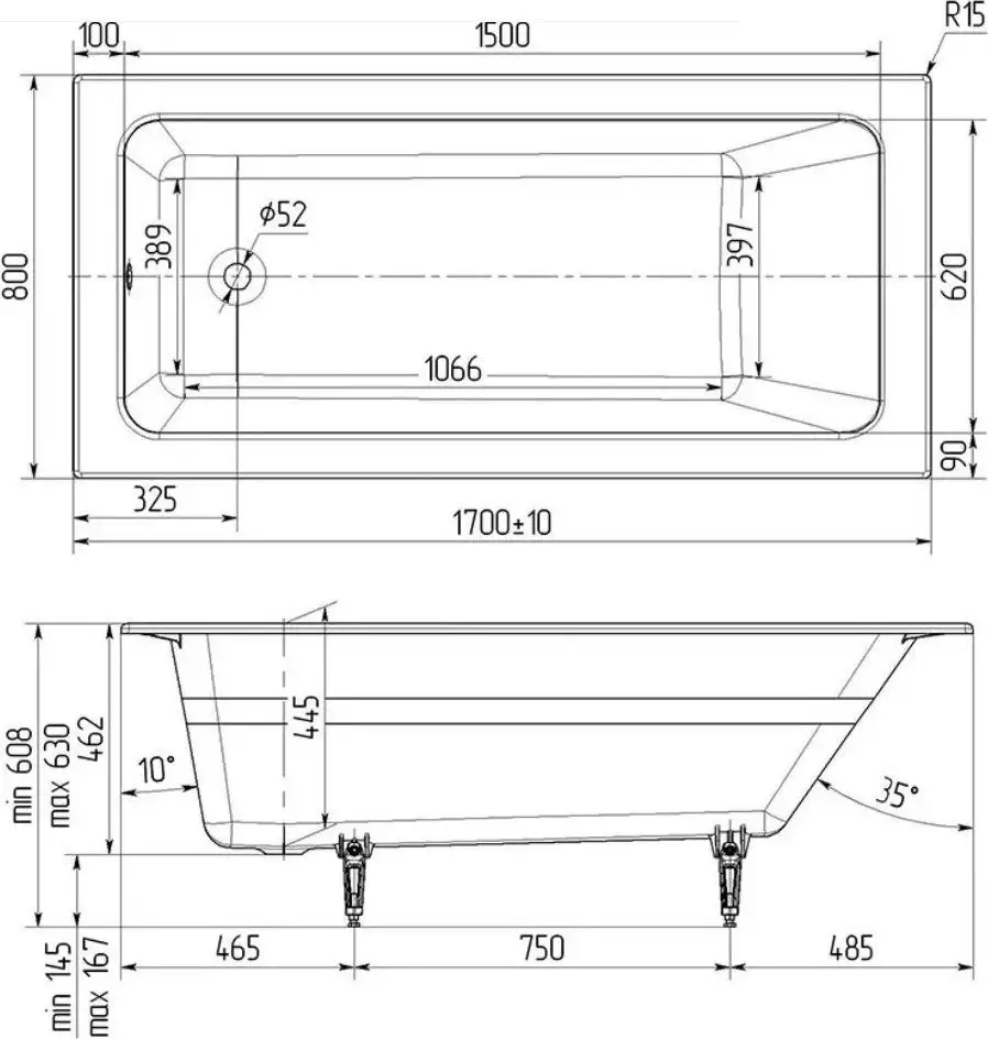 Ванна Wotte Line 170х80 БП-э00д1473 - фото товара