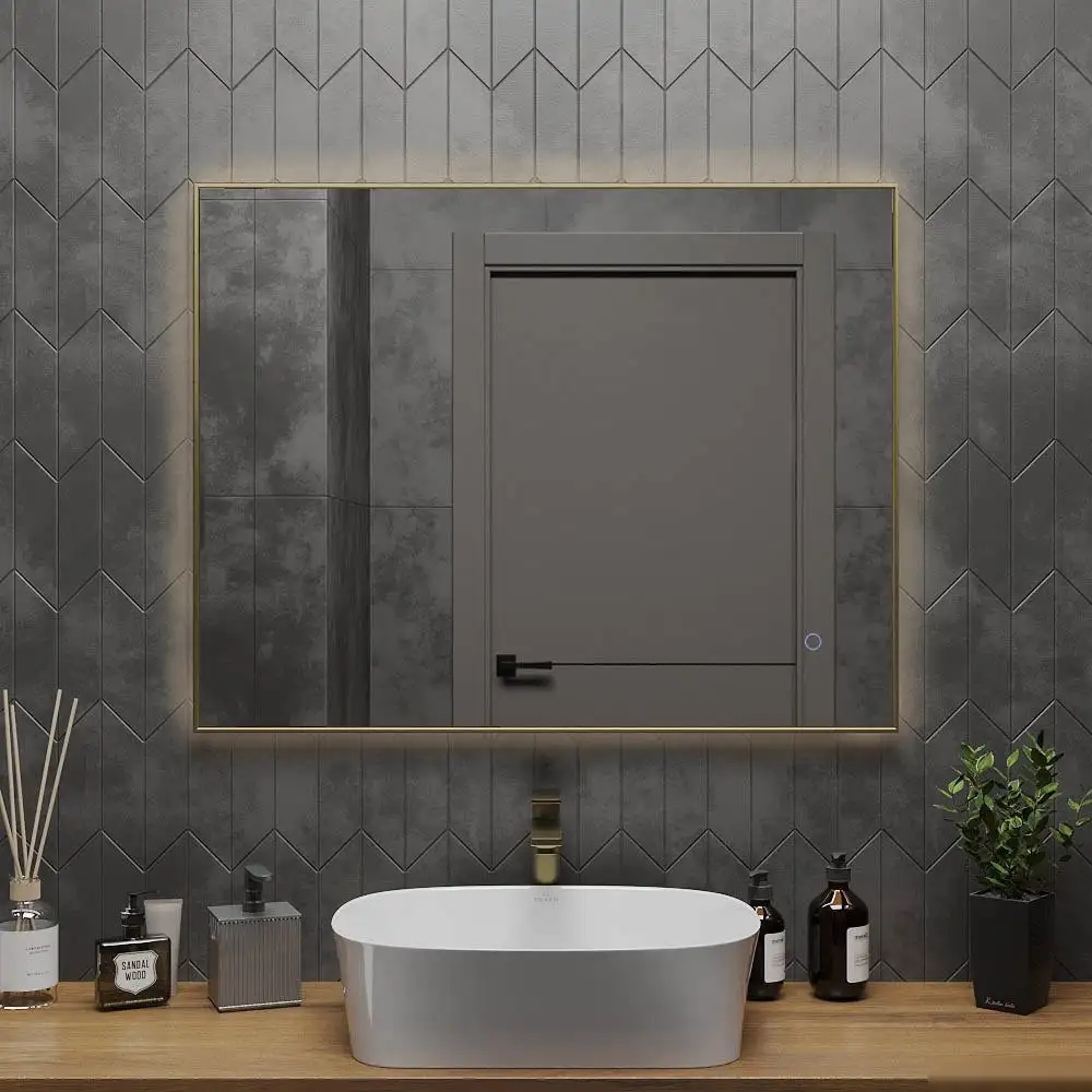 Roxen Зеркало Frida c подсветкой 510215-90 (90x70) в тонком металлическом профиле в цвете брашированное золото – фото товара