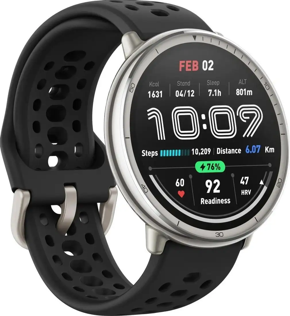 Умные часы Amazfit Active 2 (серебристый, с черным силиконовым ремешком) – фото товара