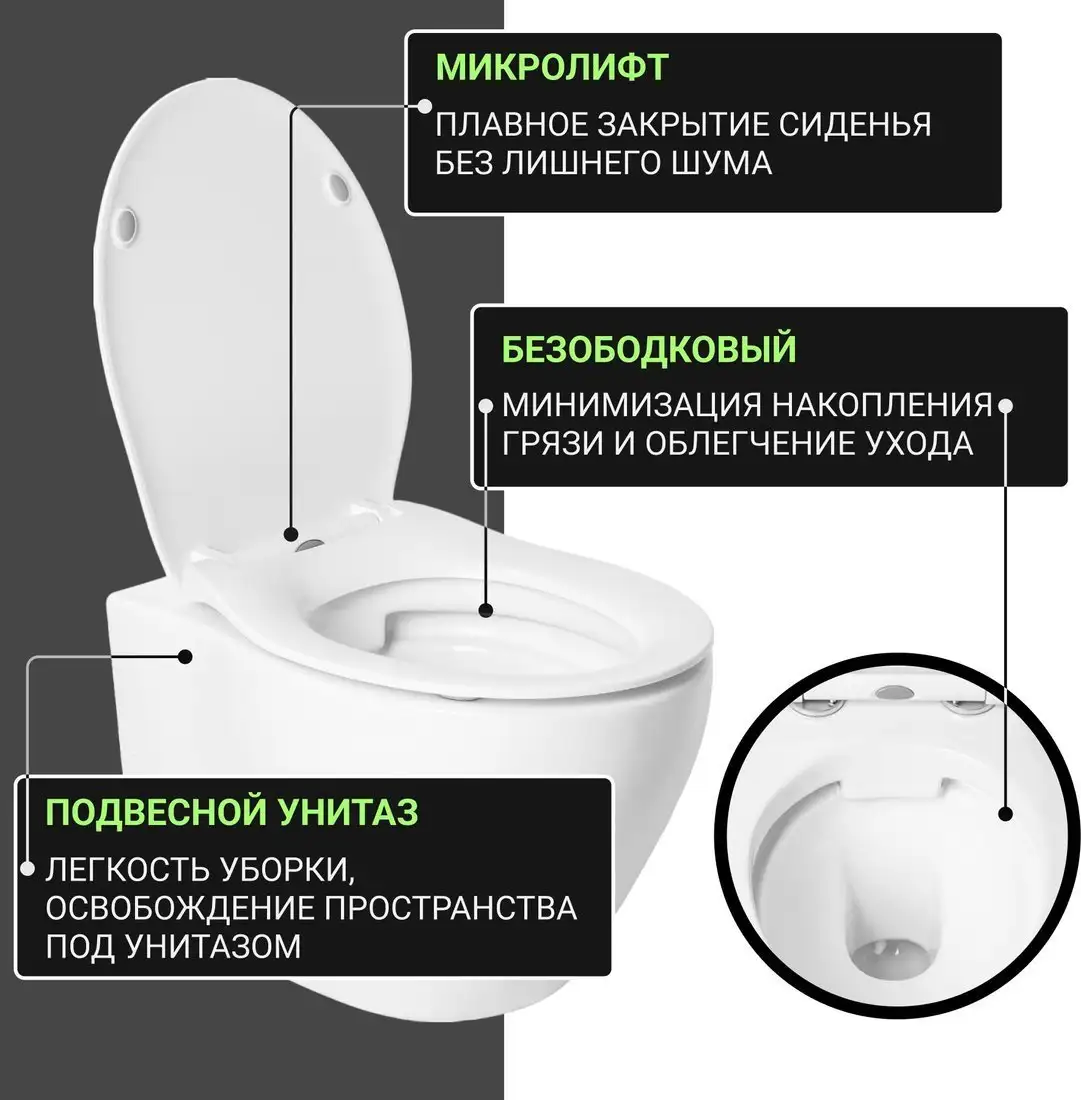 Унитаз подвесной Saniteco KW-99046 + Berges АТОМ 410 040333 (с кнопкой) - фото товара