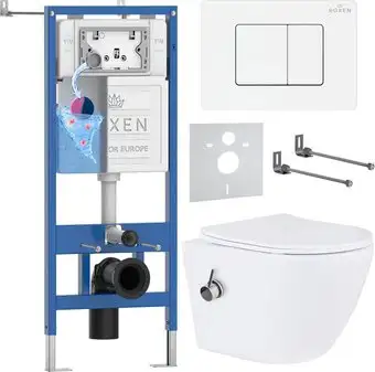Унитаз подвесной Roxen Antares Bidet в комплекте с инсталляцией StounFix Dual Fresh 6 в 1 868648 (кнопка: брашированное золото матовая) - изображение в каталоге