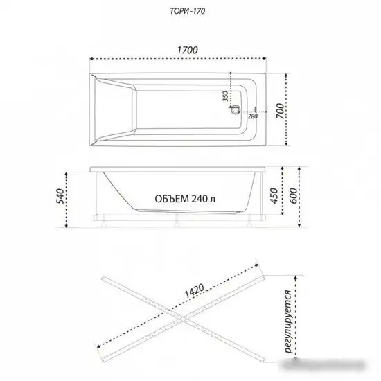 Ванна 1AcReal Тори 170х70 (с ножками) - фото товара