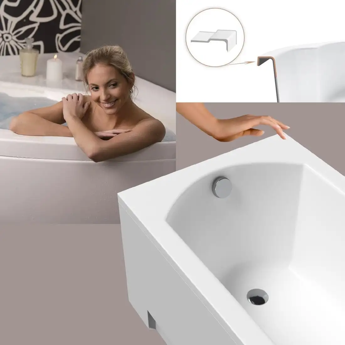 Ванна Lauter Amelia 160 21204060 (с ножками, серым подголов, белым лиц. и торц. экраном) - фото товара