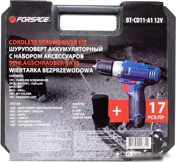 Дрель-шуруповерт FORSAGE BT-CD11-A1 (с 2-мя АКб, кейс, набор оснастки) – фото товара