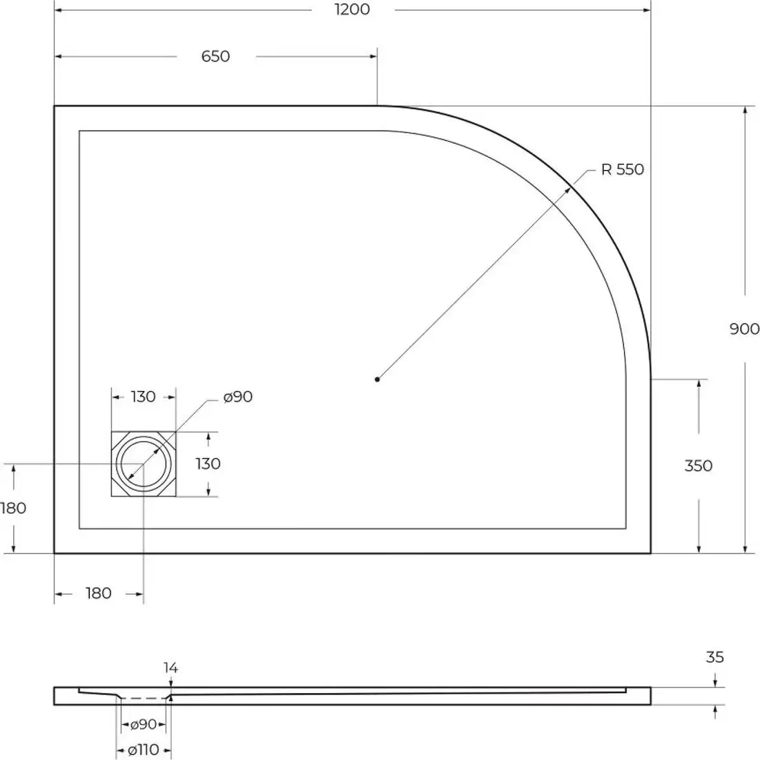Душевой поддон BelBagno TRAY-MR-UNO-RH-120/90-550-35-W-R-NO - фото товара