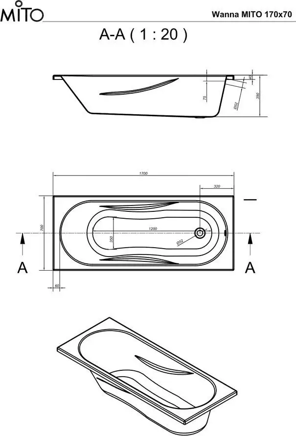 Ванна Cersanit Mito Red 170x70 с ножками со смесителем Brasko Black однорыч. (с сифоном Prime) - фото товара