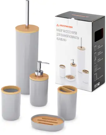 Набор аксессуаров для ванной Альтернатива Бамбук М8169 (серый) – изображение в каталоге