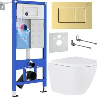 Унитаз подвесной Roxen Antares в комплекте с инсталляцией StounFix Dual Fresh 6 в 1 968454 (кнопка: брашированное золото) - изображение в каталоге