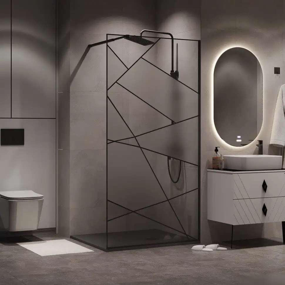 Душевая стенка Niagara NG-680-90 BLACK 90x195 (черный матовый/прозрачное стекло с рисунком) - фото товара