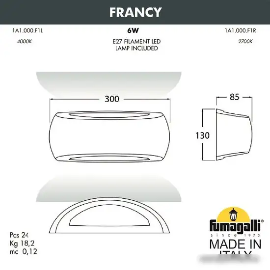 Уличный настенный светильник Fumagalli Francy 1A1.000.000.AYF1R – фото товара