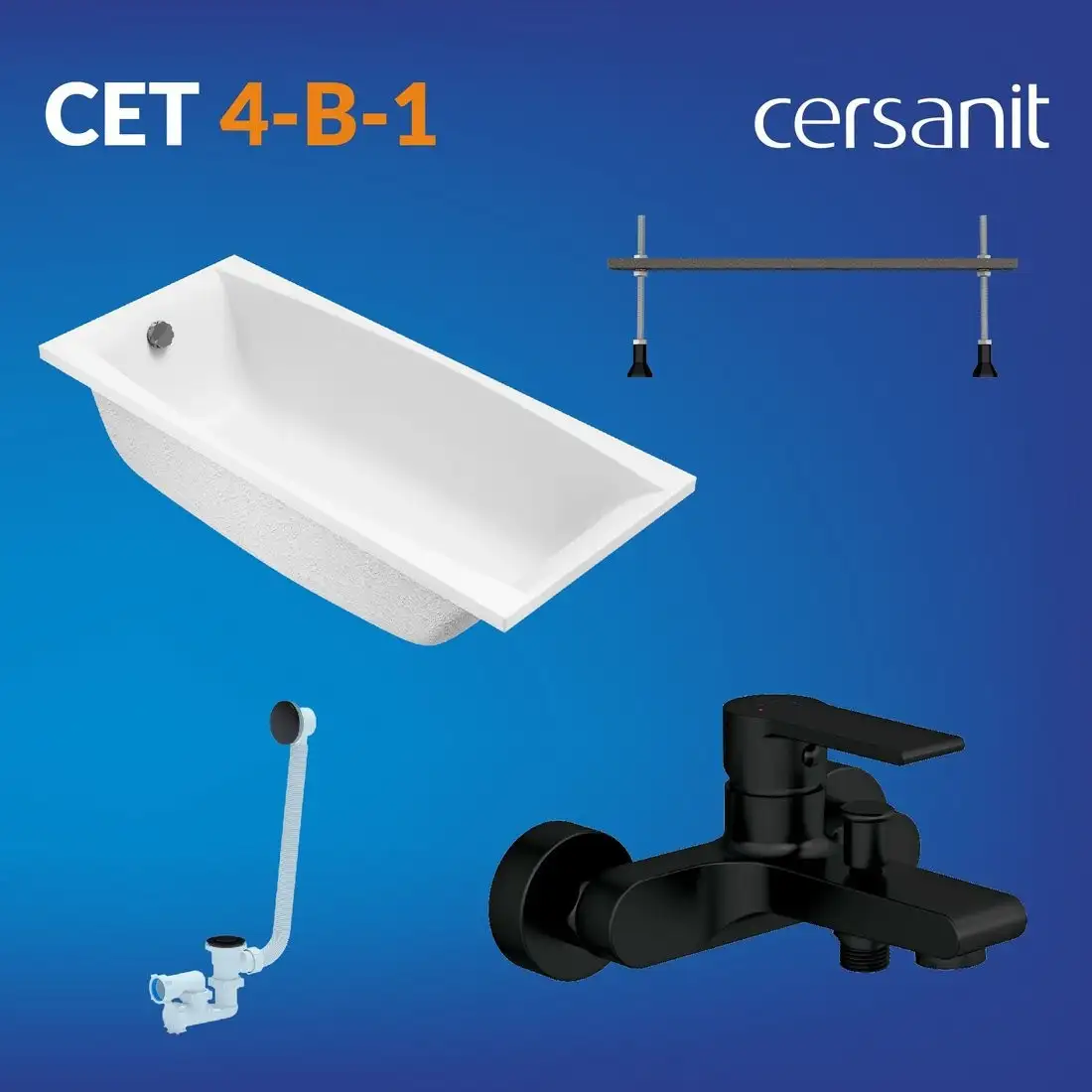 Ванна Cersanit Virgo 170x75 с ножками со смесителем Brasko Black однорычаж. (с сифоном Prime) - фото товара