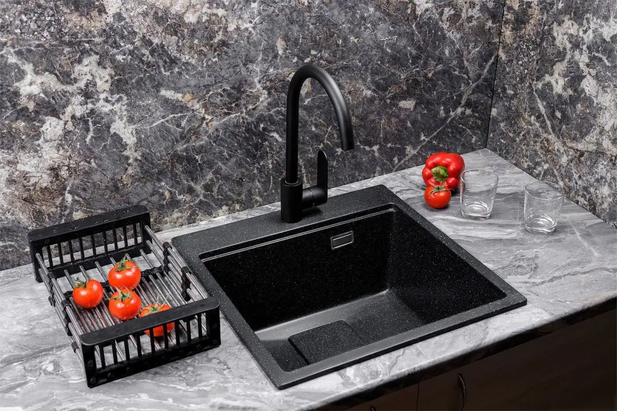 Кухонная мойка Marblan Comfort 50 (черный, с сифоном и колландером) - фото товара
