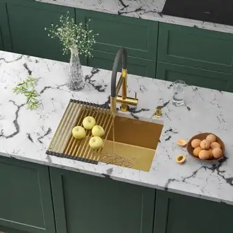 Кухонная мойка Roxen Uno 560210-54-GS PVD золотая/текстурная (с ролл-матом и дозатором) - изображение в каталоге