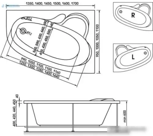 Ванна Bonito Home Maya 170x110R (с ножками и экраном) - фото товара