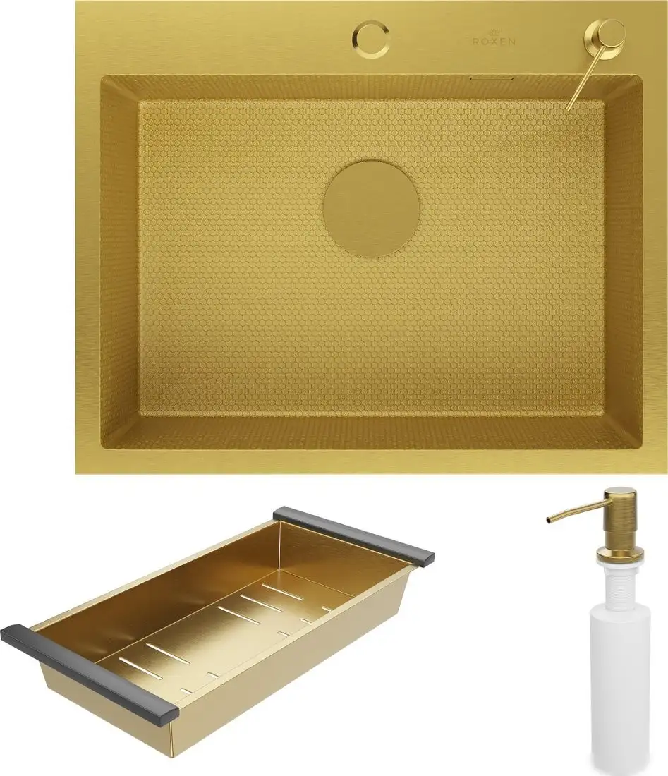 Кухонная мойка Roxen Snake 560220-60-GS PVD Gold золотая/текстурная (с коландером и дозатором) - фото товара