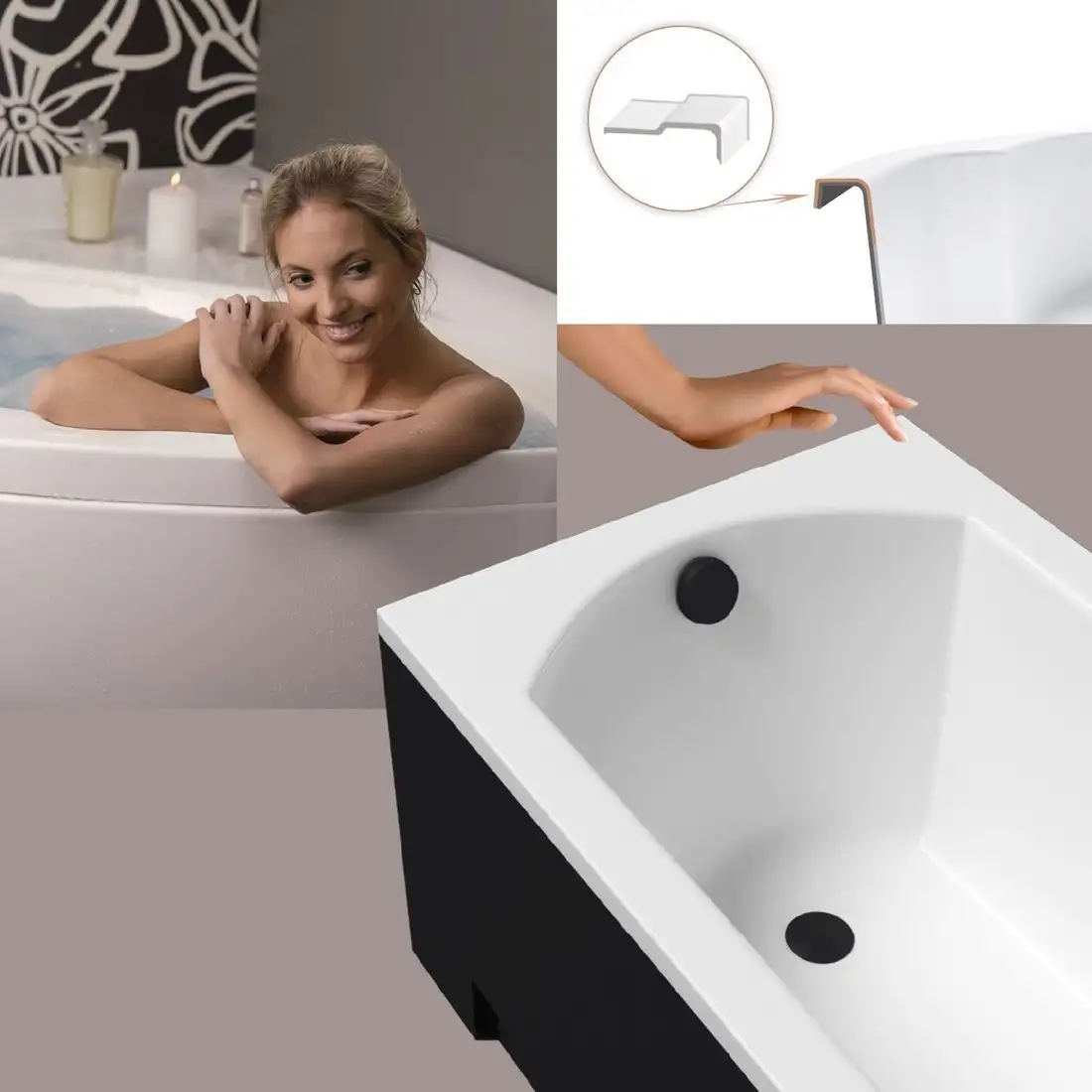 Ванна Lauter Amelia 160 21204060 (с ножками, черным подголовником и черным лиц. экраном) - фото товара