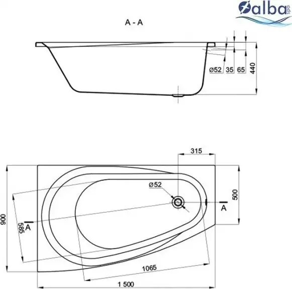 Ванна Alba Spa Baline Asymmetric 150x90 L (без ножек) - фото товара
