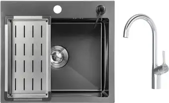Кухонная мойка Saniteco 5045 Nano + Spike F9S07000 (хром, с сифоном, дозатором и коландером)