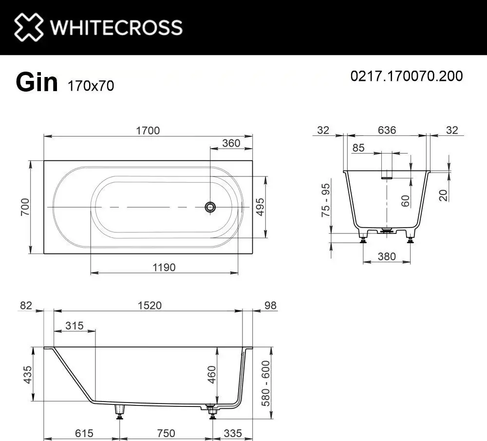 Ванна Whitecross Gin 170x70 0217.170070.200 (белый матовый) - фото товара
