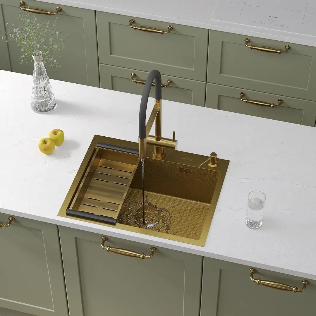 Кухонная мойка Roxen Snake 560220-60-GS PVD Gold золотая/текстурная (с коландером и дозатором) - фото товара