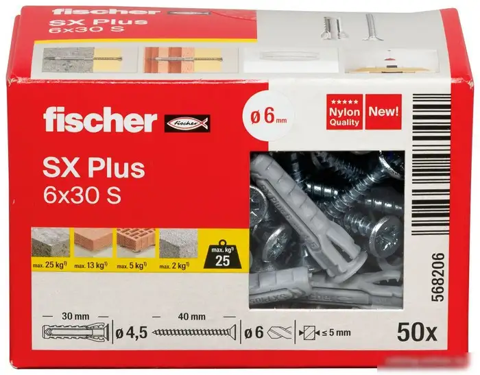 Дюбель универсальный Fischer SX Plus 6X30 S/Screw 568206 (50 шт) – фото товара