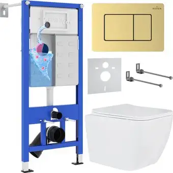 Унитаз подвесной Roxen Cube в комплекте с инсталляцией StounFix Dual Fresh 6 в 1 968469 (кнопка: брашированное золото) - изображение в каталоге