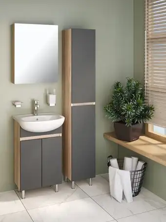 Runo Тумба с умывальником Runo Лада 50 + Уют 50 (напольная, дуб/графит) – изображение в каталоге