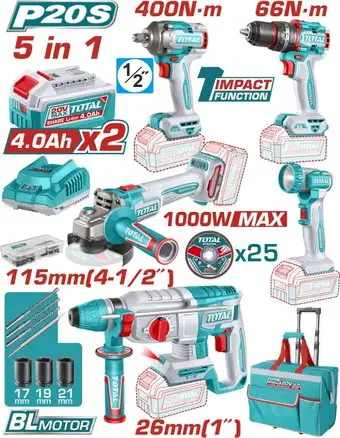 Total TCKLI20592 (шуруповерт, гайковерт, перфоратор, болгарка, фонарь, 2 АКБ, сумка) – изображение в каталоге