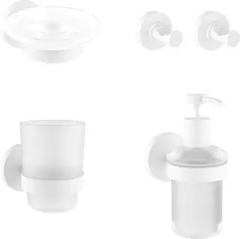 Набор аксессуаров для ванной Wellsee Finishing Touch 182515002 (мыльница, стакан для зубных щеток, дозатор для жидкого мыла, крючок 2 шт, матовый белый) – изображение в каталоге