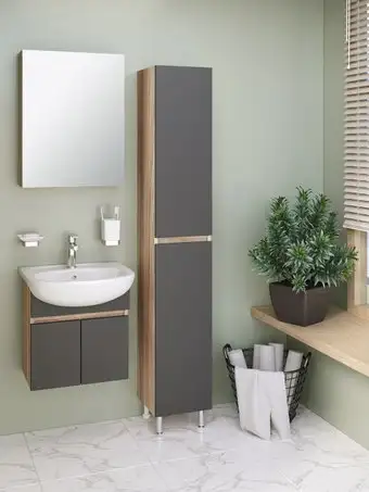 Runo Тумба с умывальником Runo Лада 60 + Уют 60 (подвесная, дуб/графит) – изображение в каталоге