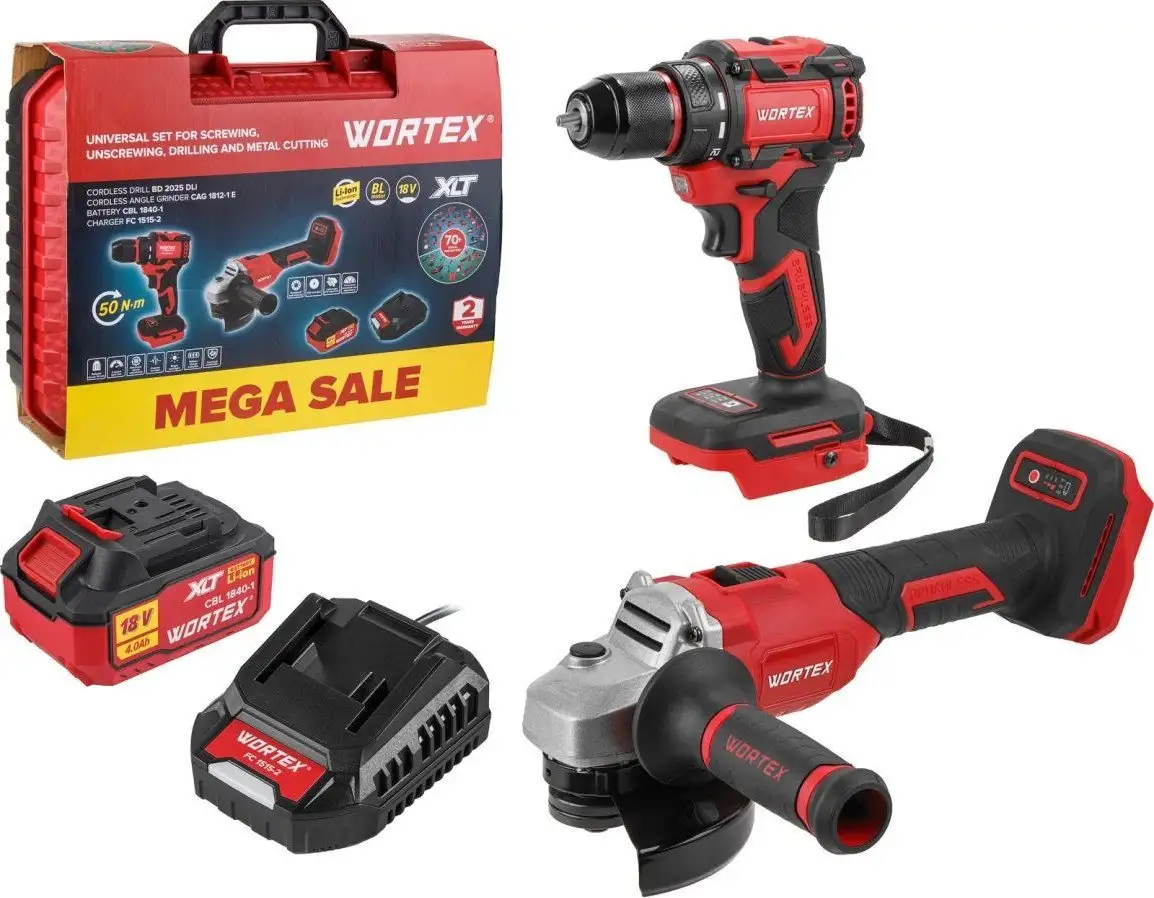 Wortex 1329850 (шуруповерт, болгарка, 1 АКБ, кейс) – фото товара
