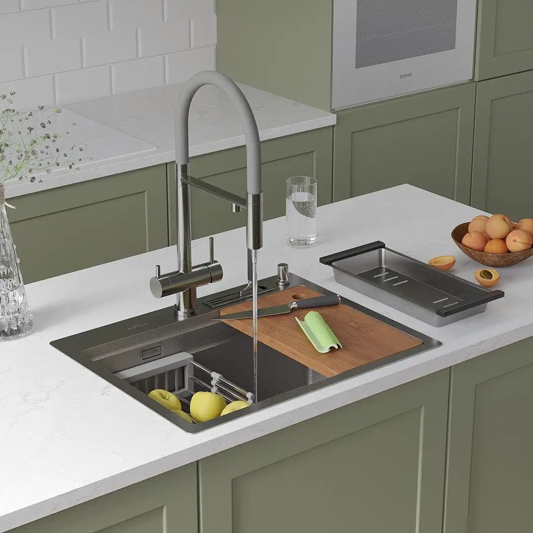 Кухонная мойка Roxen Stage 560250-60-S текстурный сатин (с держателем для ножей и аксессуарами) - фото товара