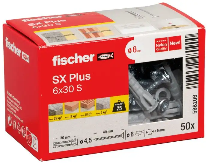 Дюбель универсальный Fischer SX Plus 6X30 S/Screw 568206 (50 шт) – фото товара