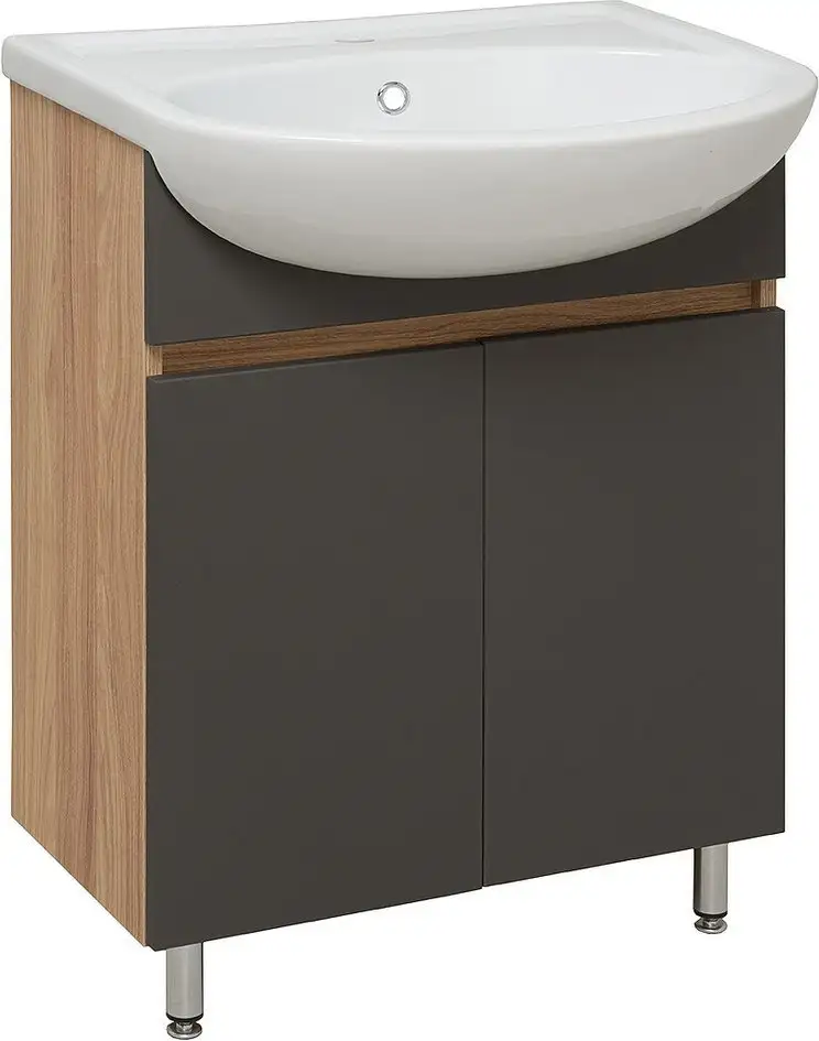 Runo Тумба с умывальником Runo Лада 60 + Уют 60 (напольная, дуб/графит) – фото товара