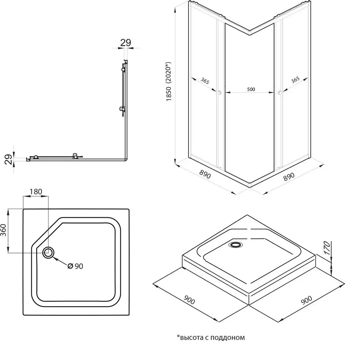 Душевой уголок Saniteco SNT-804 Cube 90х90 с поддоном (хром/прозрачное стекло) - фото товара