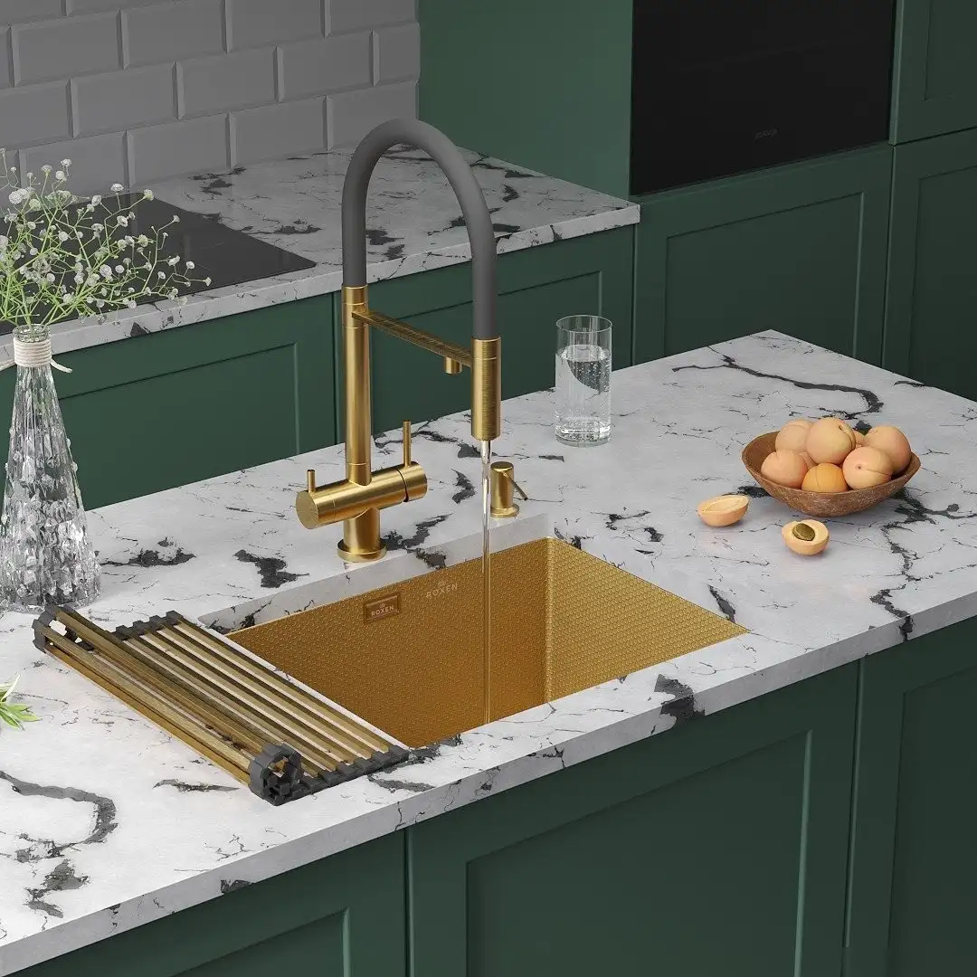 Кухонная мойка Roxen Uno 560210-54-GS PVD золотая/текстурная (с ролл-матом и дозатором) - фото товара