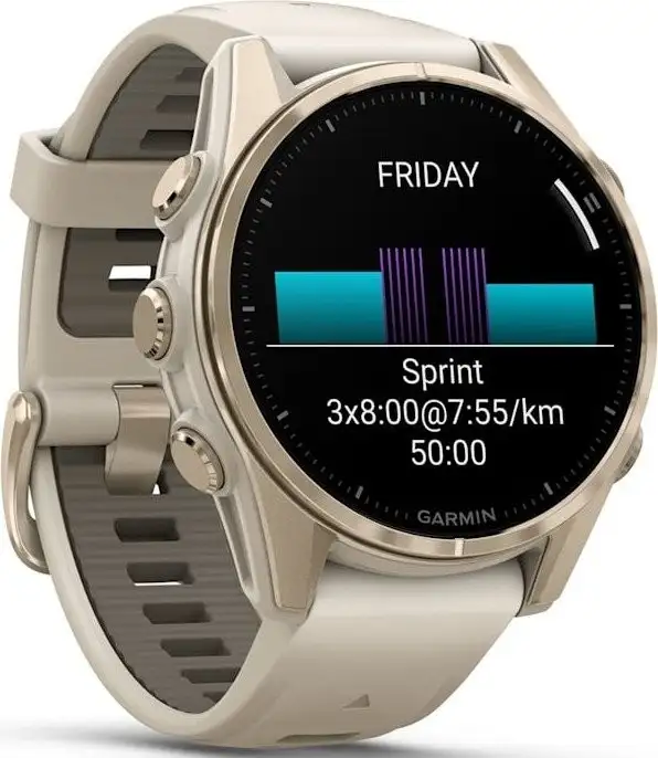 Умные часы Garmin Fenix 8 Sapphire 43мм (золотистый, дымчато-серый ремешок) – фото товара